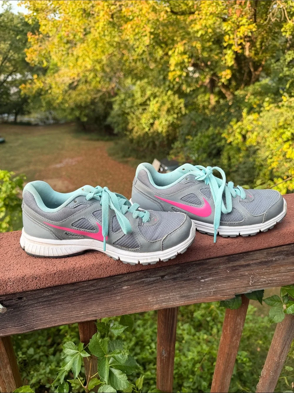 Nike Women's Gray Athletic Sneakers with Pink Swoosh and Mint Laces